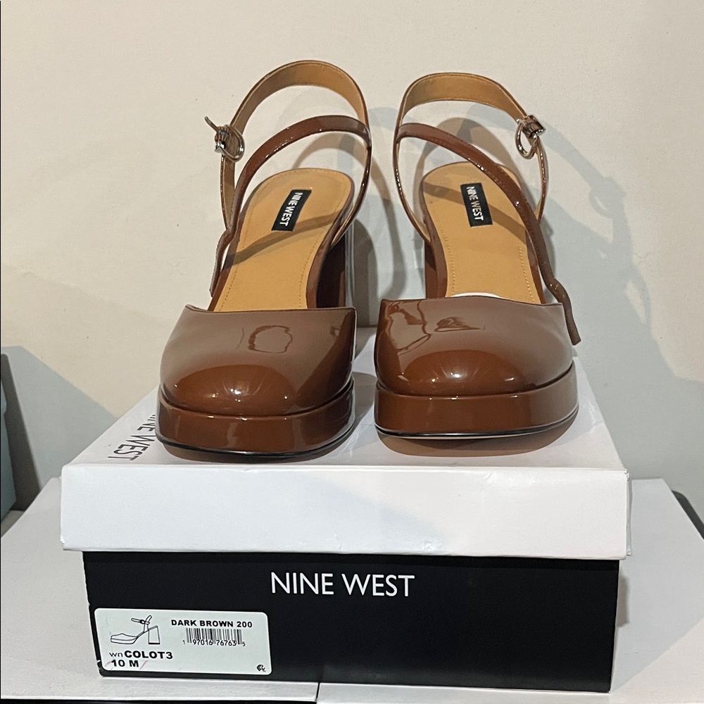 Nine West Colots Brown Patent Platform Block Heel